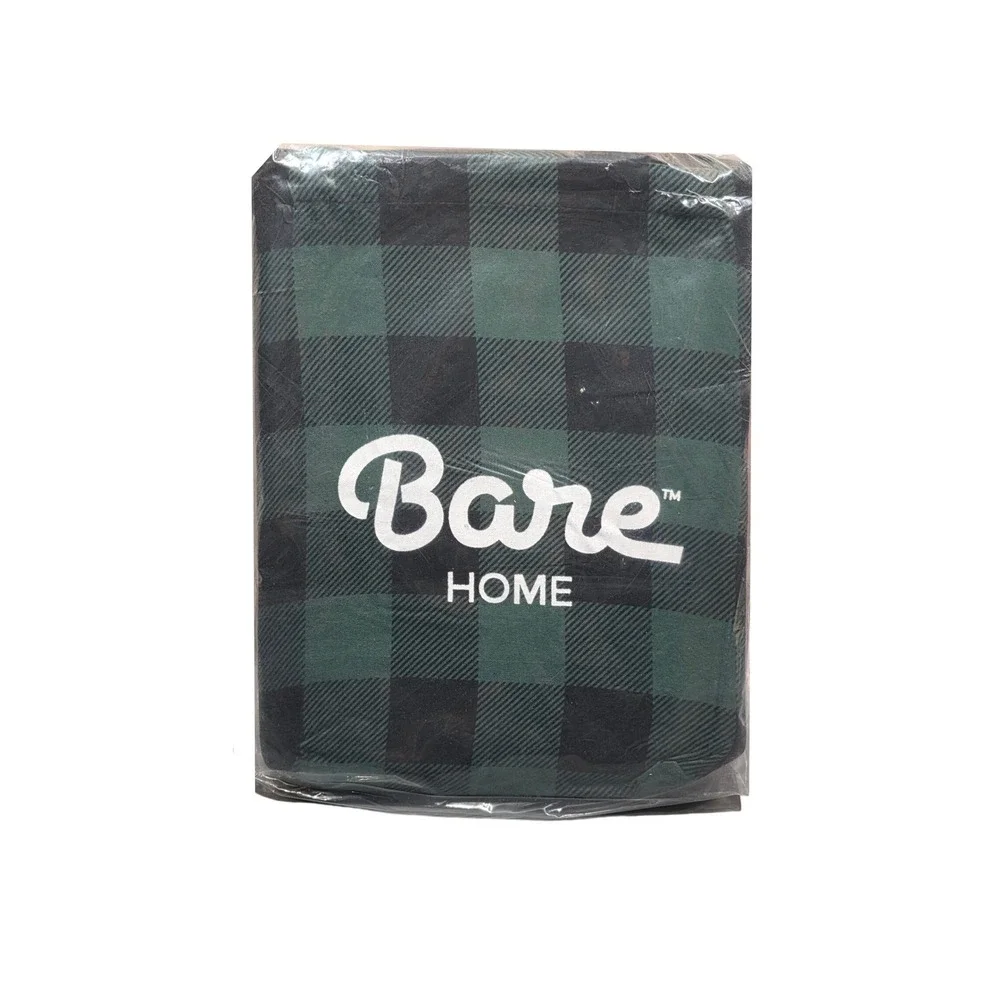 Bare Home Flannel Sheet Set‎ Queen Green Black Buffalo Check Plaid 100% Cotton